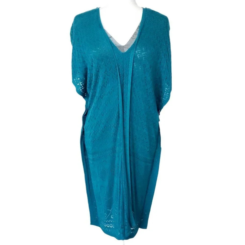 Mikael Aghal Knit Midi Dress Women Small Blue Gray Short Sleeve Crochet Pattern